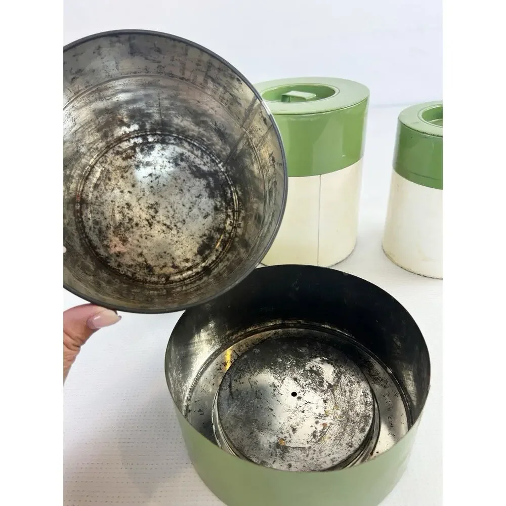 Vintage 70s Leaves & Fruit Kitchen Metal Canisters Nesting Green Cream READ